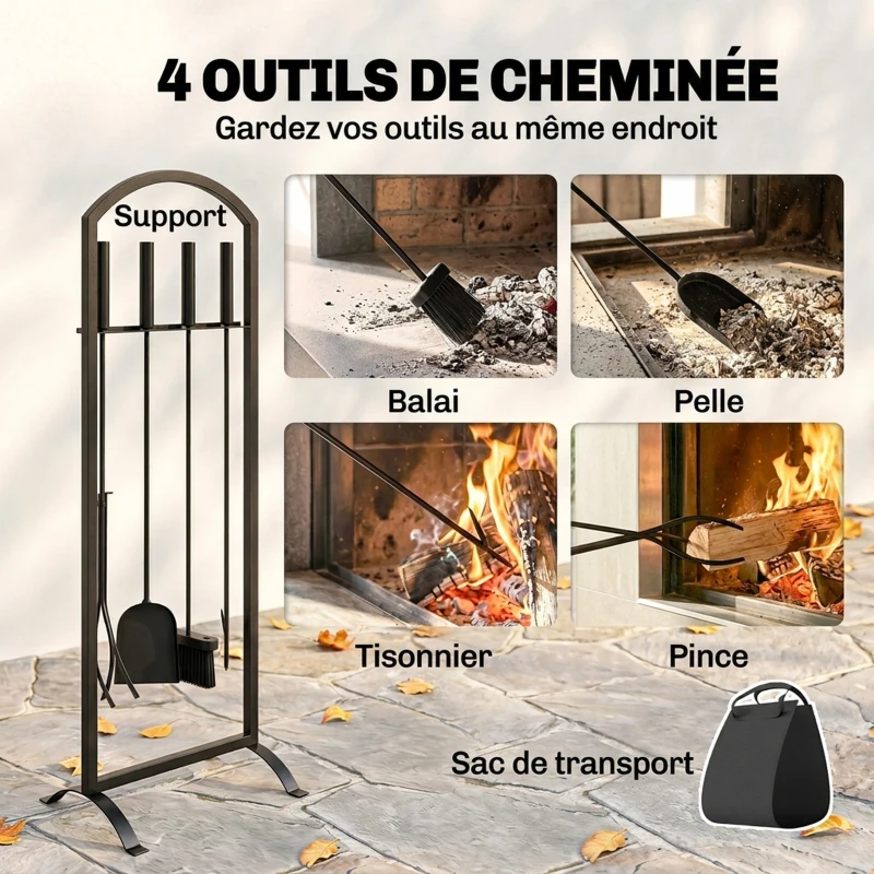 Outsunny Serviteur de Cheminée 6 Pièces avec Sac à Bûches, Brosse, Pelle, Tisonnier, Pince et Support, 30 x 22 x 86 cm, Noir