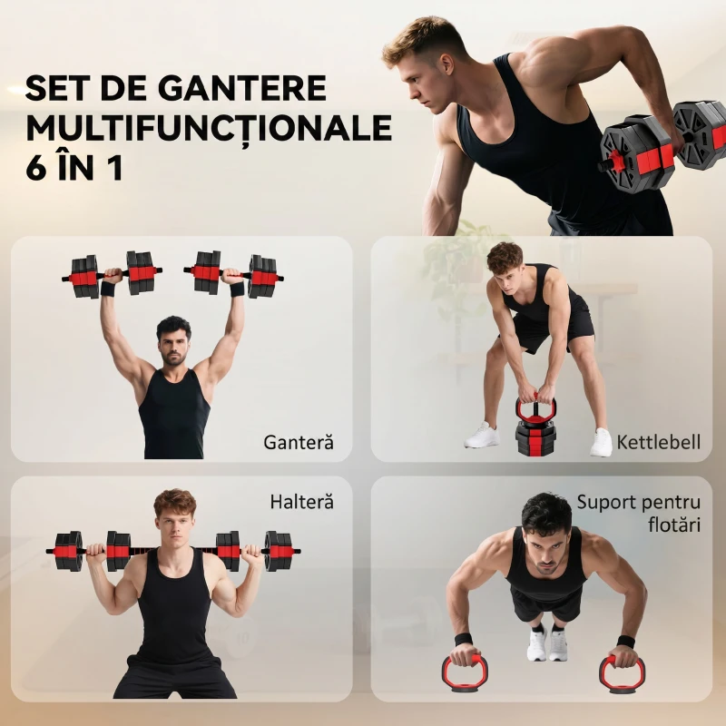 SPORTNOW Set de Greutăți 6 În 1 20 Kg cu Gantere, Kettlebell și Halteră Roșie