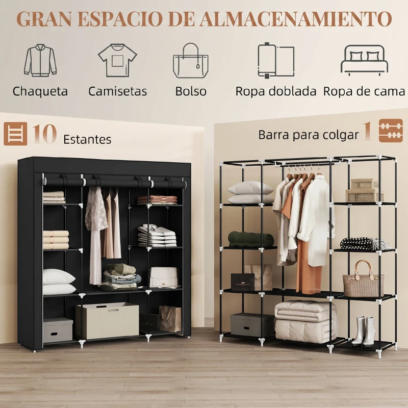 HOMCOM Armario de Tela con Barra 10 Estantes Abiertos Cremallera Cubierta y Marco de Acero 150x43x162,5 cm Negro