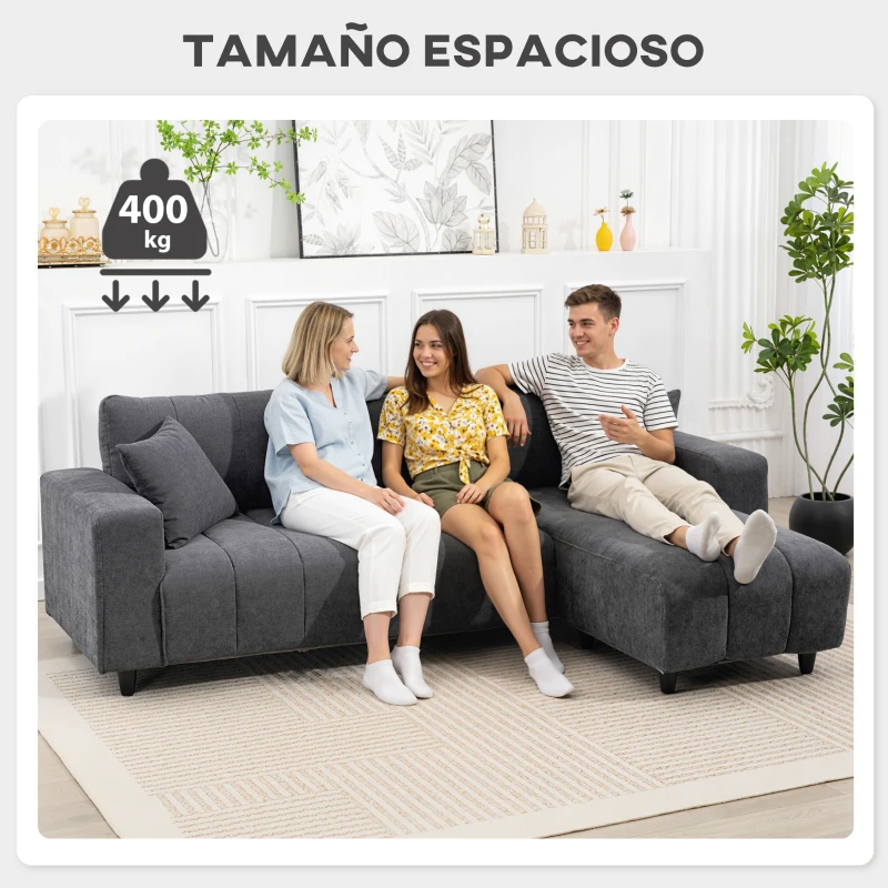 HOMCOM Sofá Chaise Longue Reversible de 4 Plazas 2 Almohadas Tapizado en Lino Marco de Acero 242x156x87 cm Gris Oscuro