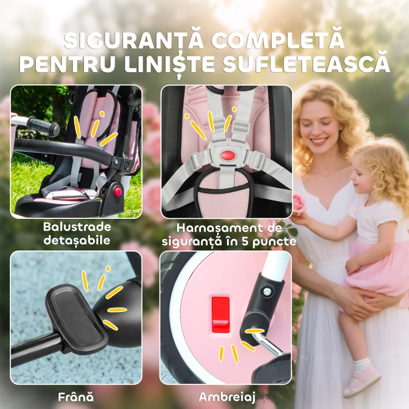 AIYAPLAY Tricicletă 6 în 1 pentru Copii, cu Mâner Parental și Scaun Rotativ, 111,5x52x98 cm, Roz