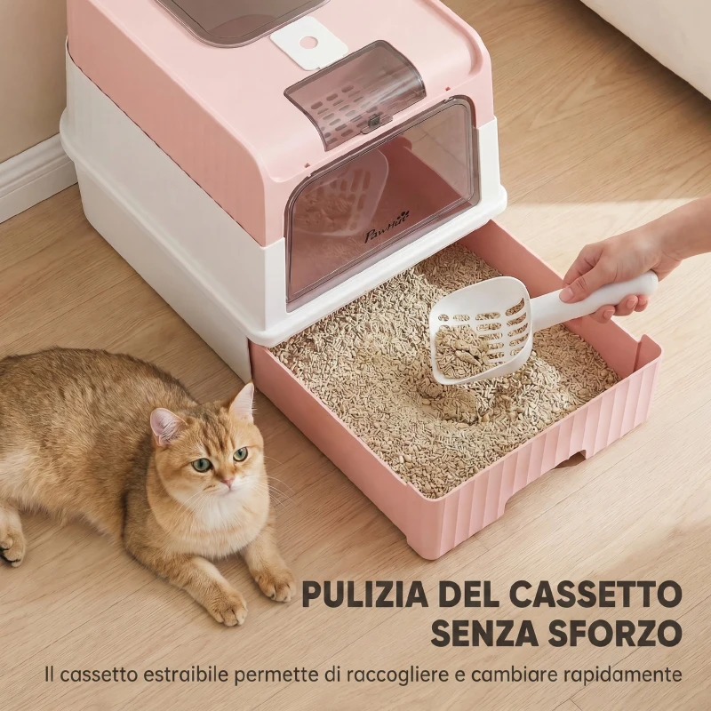 PawHut Lettiera per Gatti Chiusa con Vassoio Estraibile, Paletta e Deodorante, 48x35x36 cm, Rosa
