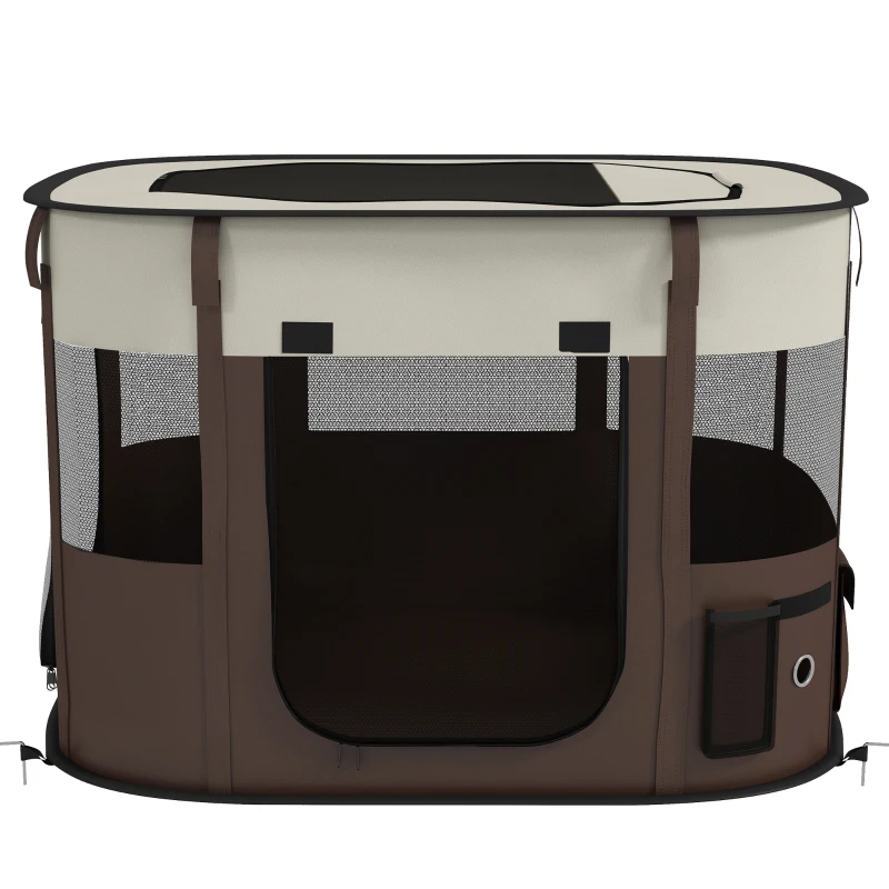PawHut Foldable Dog Pen with Storage Bag for Indoor/Outdoor Use, Portable Pet playpen, with Ground Stakes - Brown