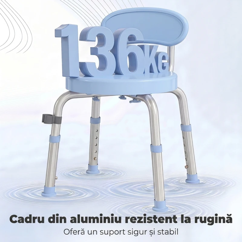 HOMCOM Scaun de Duș Rotativ 360° cu Spătar, Înălțime Reglabilă, Albastru Deschis