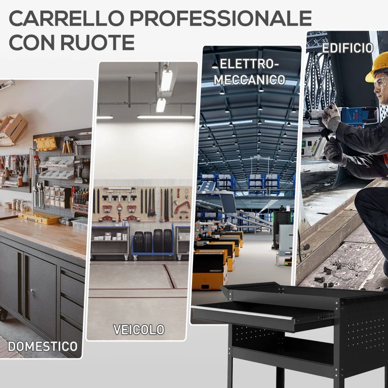 DURHAND Carrello 3 Livelli in Acciaio con Cassetto, Porta Utensili Laterale e Maniglia, Nero