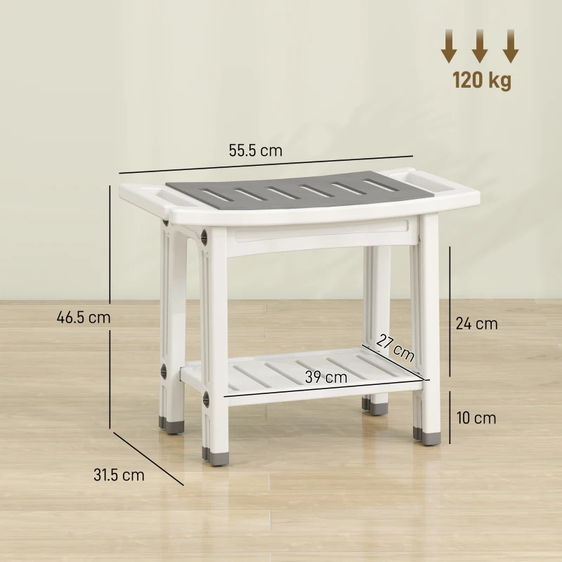 HOMCOM Shower Bench 2-Tier Shower Stool Bathroom with Shelf White and Grey