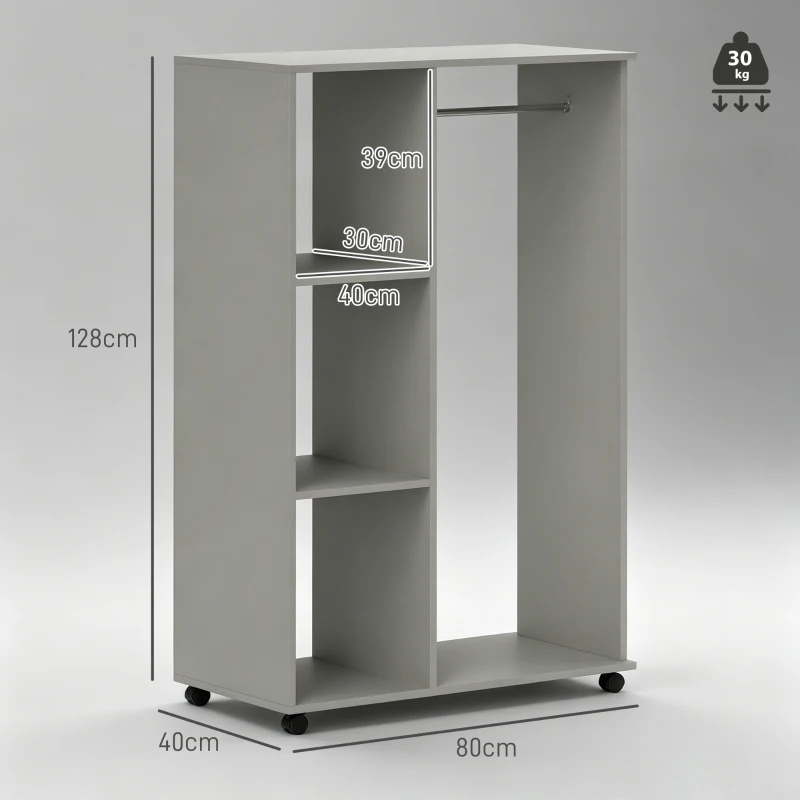 HOMCOM Open Wardrobe on Wheels, Bedroom Wardrobe with Clothes Hanging Rail, 3 Storage Shelves, Mobile Garment Rack for Cloakroom, Hallway, Grey