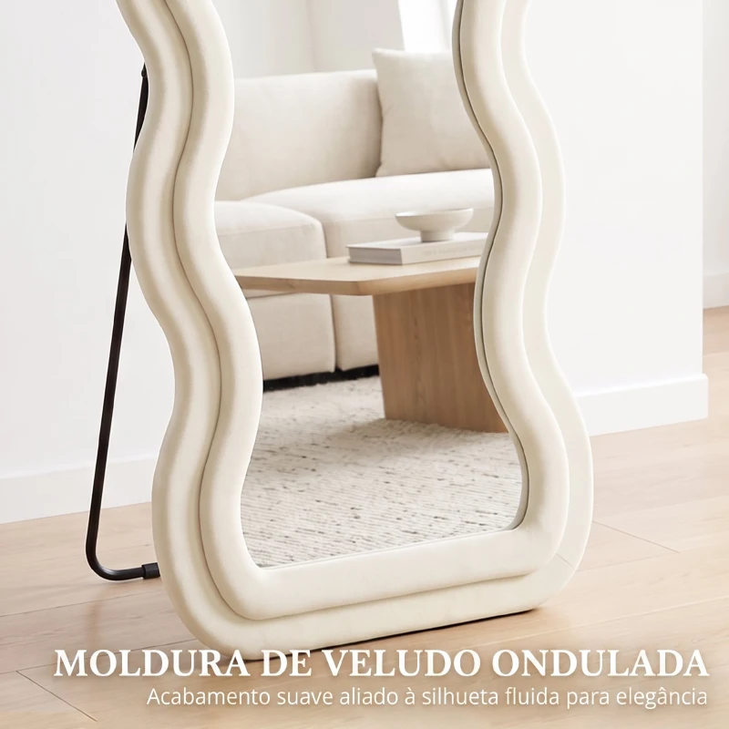 HOMCOM Espelho de Corpo Inteiro 160x60 cm com Moldura Ondulada Aveludada, de Pé, Apoiado e de Parede, Creme