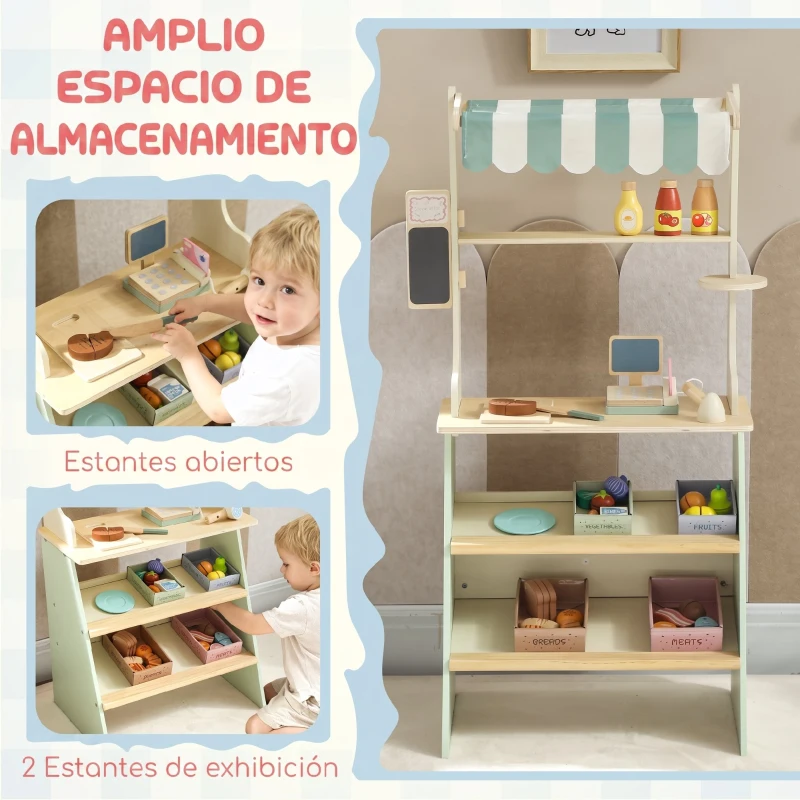 AIYAPLAY Supermercado de Juguete de Madera Caja Registradora con Escáner y Tarjeta Pizarra Cajas Toldo y Accesorios Verde
