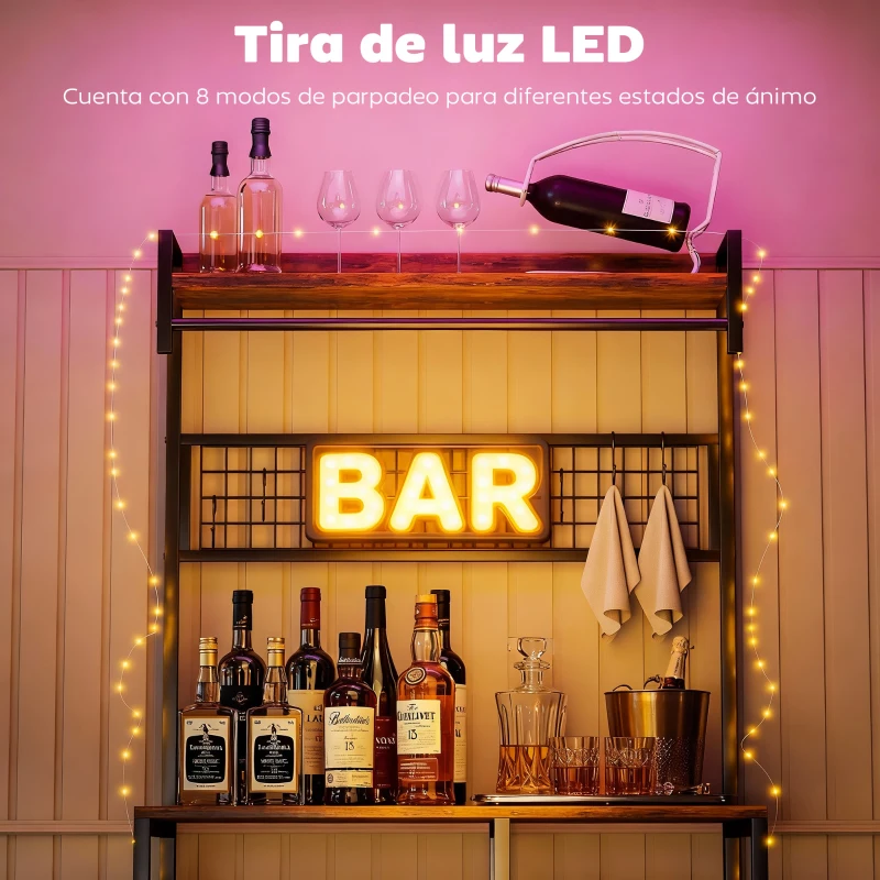 HOMCOM Estantería de Cocina con Tres Enchufes y Luces LED Industrial con Estantes para Microondas 80x42x162 cm Marrón Rústico