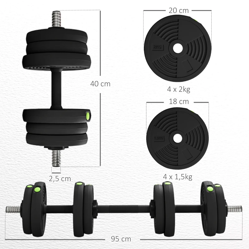 SPORTNOW Juego de Mancuernas Ajustables 15 kg 4 en 1 con Barras Conexión y Mangos Antideslizantes para Gimnasio en Casa Negro