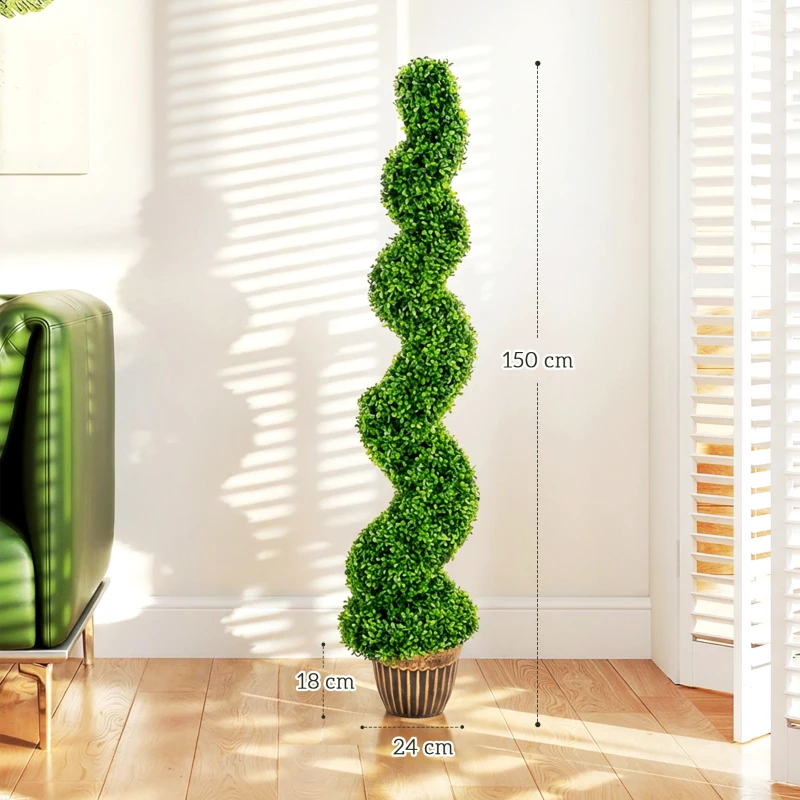 HOMCOM Spiralförmiger Buchsbaum, 2er Set Kunstpflanzen, mit Topf, 150 cm Höhe, Grün