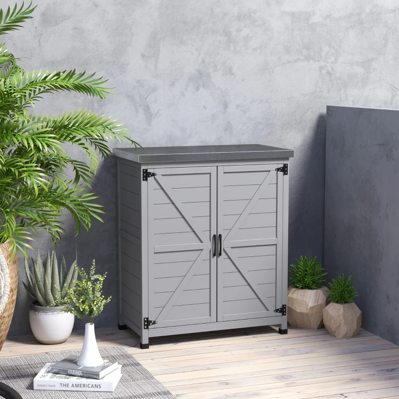 Outsunny Gartenschrank, Außenschrank mit Arbeitsfläche, Werkzeugschrank, Massivholz, Stahl, 79B x 43T x 92H cm, Grau(m-10)