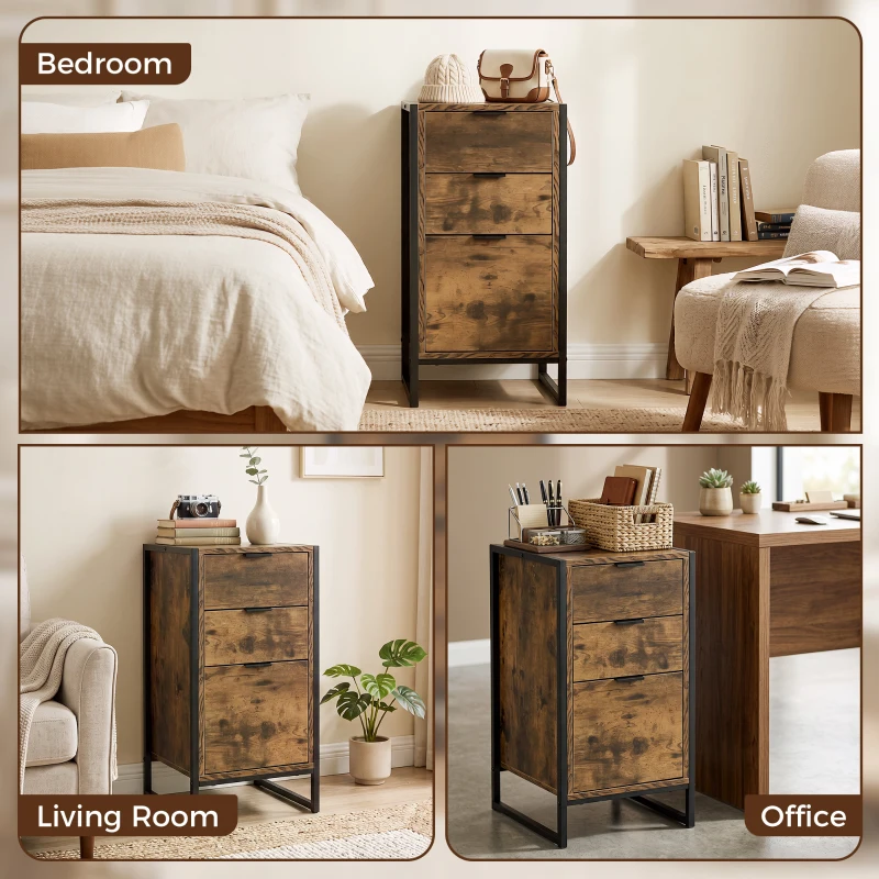 HOMCOM 3 Drawer Chest of Drawers, Industrial Bedside Cabinet with Metal Frame and Runner, Small Storage Unit for Bedroom, Living Room or Office, 39 x 40 x 76.5 cm, Rustic Brown