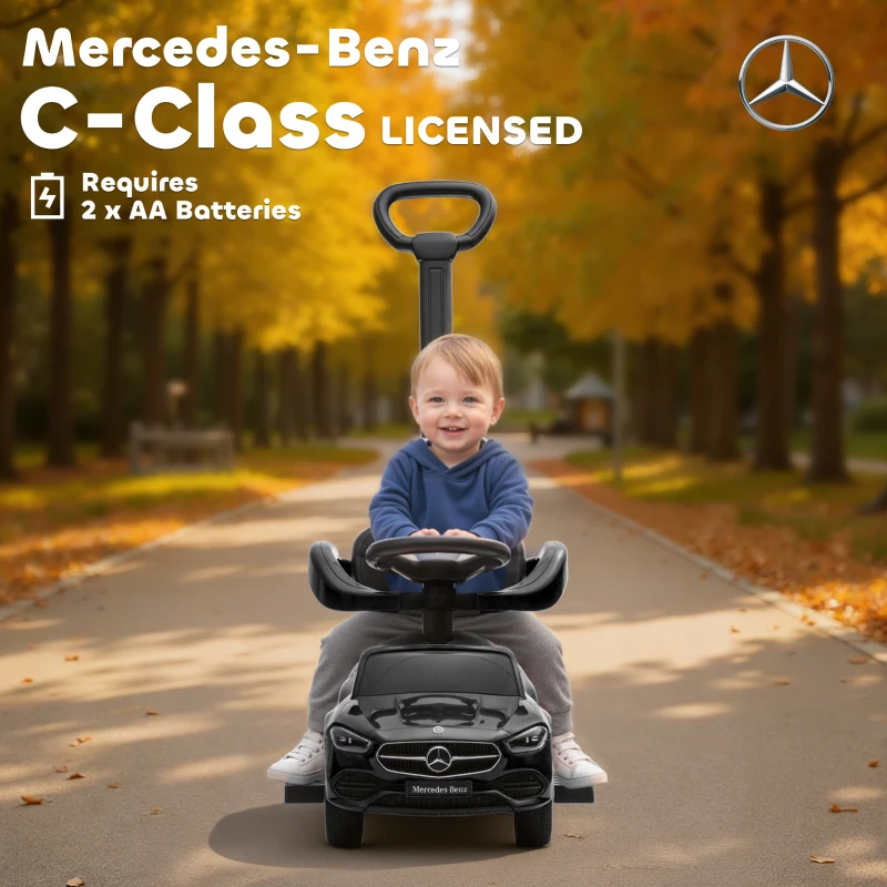 AIYAPLAY 2 in 1 Baby Ride on Push Car Mercedes-Benz C-Class Licensed Walker Foot to Floor Push-Along with Removable Handle, Black