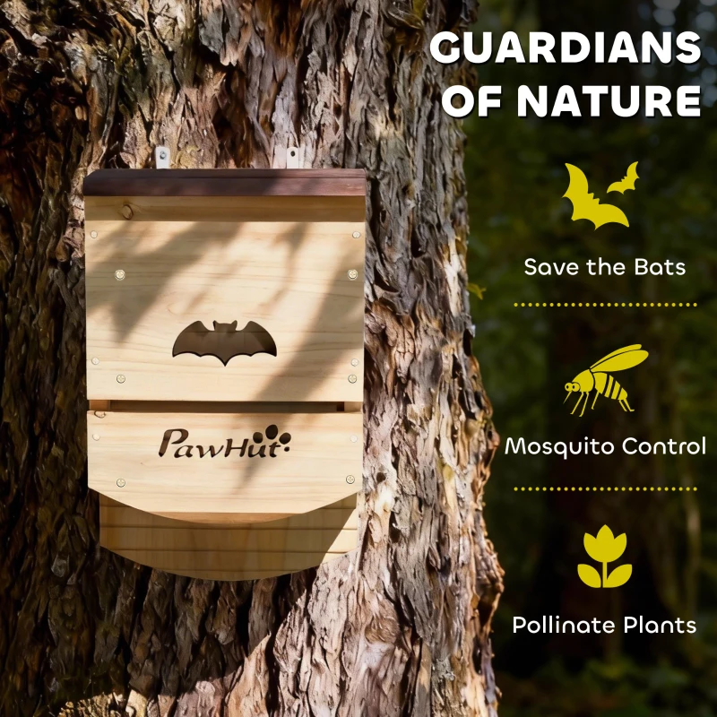PawHut Bat Boxes, Pack of 3 Wooden Bat Houses for Outdoor, Garden, Farm, Easy to Hang, 23 x 9.5 x 36.5 cm, Natural
