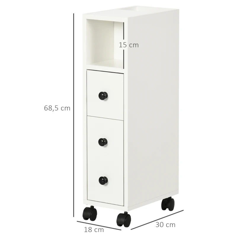 Kleankin Armário de Casa de Banho Móvel Auxiliar para Espaço Reduzido com Rodas Prateleiras Abertas Armário e Gaveta 18x30x68,5cm Branco