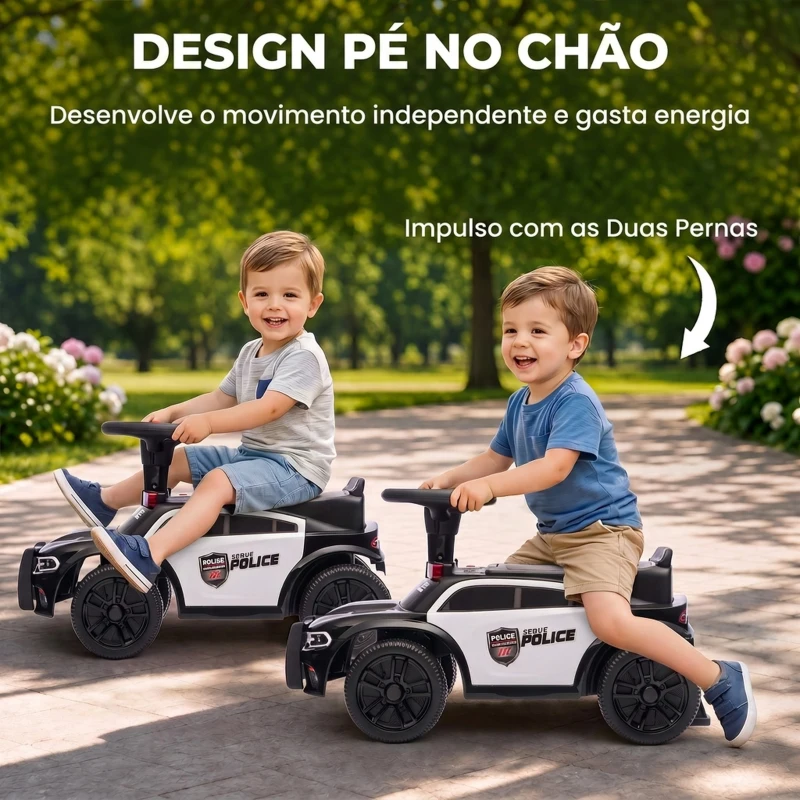 AIYAPLAY Carro Andador de Polícia para Crianças 18-36 Meses com Luz, Música e Arrumação 65x29,5x36 cm Preto