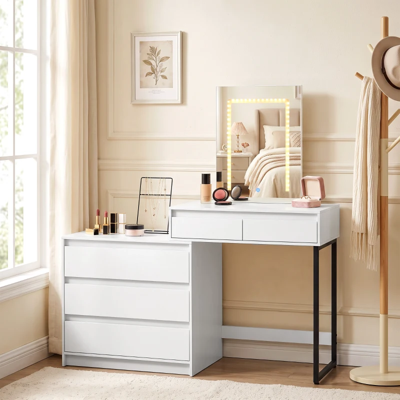 HOMCOM Vanity Makeup Desk LED Mirror Dressing Table Large Storage 5 Drawers White
