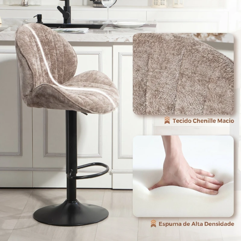 HOMCOM Conjunto de 2 Bancos de Bar Giratórios em Chenille com Altura Ajustável 62-83 cm, Encosto e Apoio para os Pés, Moka