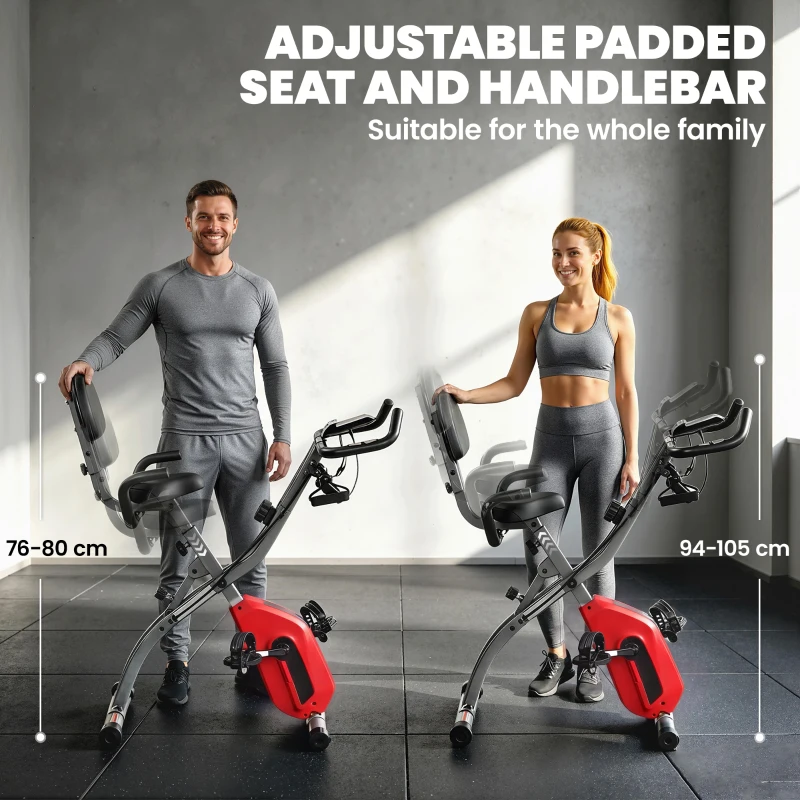 SPORTNOW 4-In-1 Folding Exercise Bike with Resistance Bands, Bluetooth App, 8-Level Magnetic Resistance, LCD Display, Red
