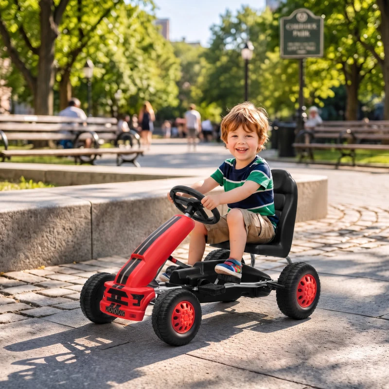 AIYAPLAY Go Kart para Niños de +3 Años con Asiento Ajustable Volante Freno Manual Marco de Aluminio y Acero Carga 30 kg Rojo