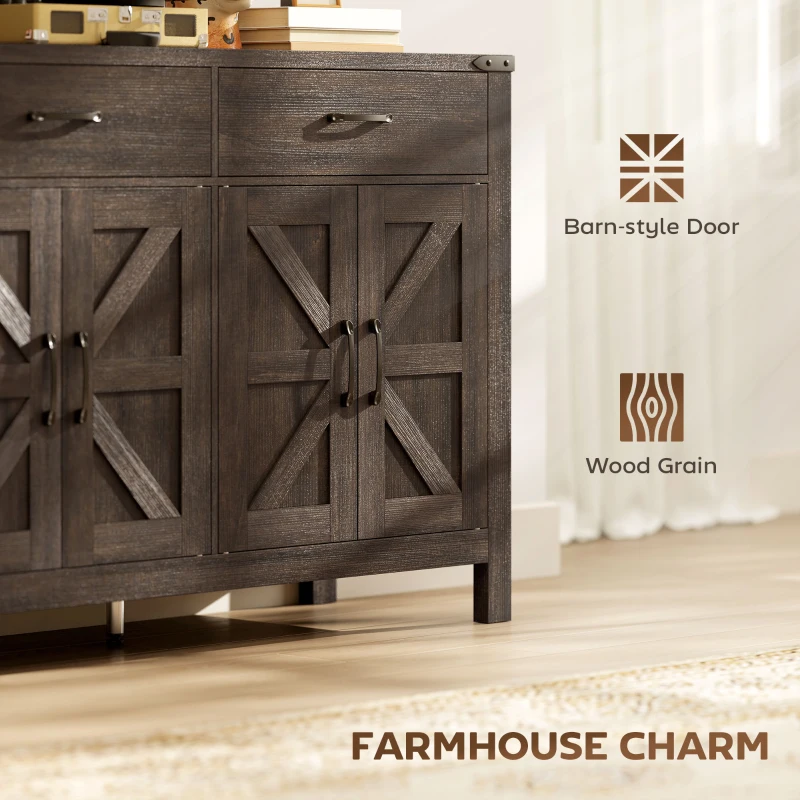 HOMCOM Kitchen Cupboard, Sideboard with 4 Doors, 2 Drawers and 2 Adjustable Shelves for Dining Room, Dark Brown