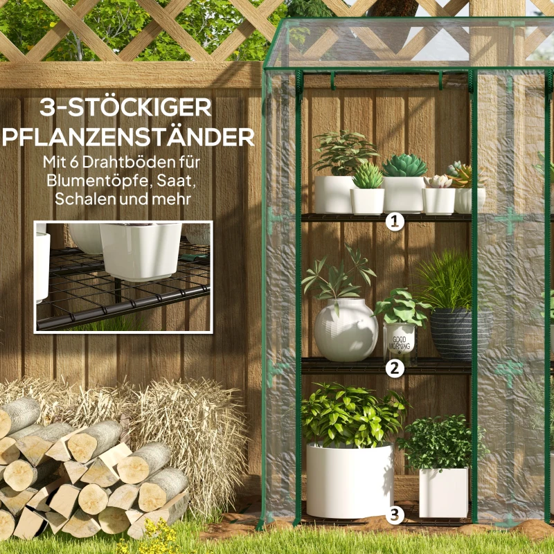 Outsunny Mini-Gewächshaus, 3 Etagen, 6 Drahtregale, 2 Öffnungen, Kunststoff-Plane, Transparent
