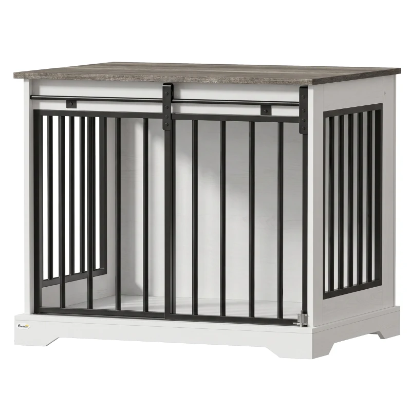PawHut 80 cm Dog Crate Furniture with Sliding Barn Door for Medium Dogs, White