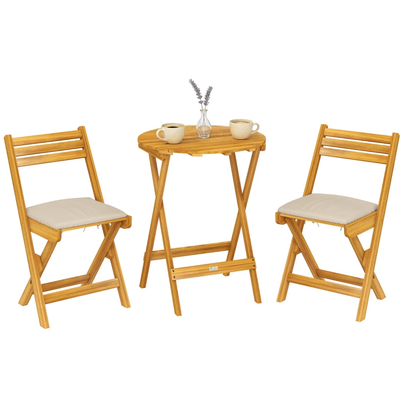 Outsunny Balkonmöbel Set 3 teilig Holz klappbar Gartenmöbel Set mit runder Tisch 2 Stühle Sitzkissen Atmungsaktiv Lamellsitz