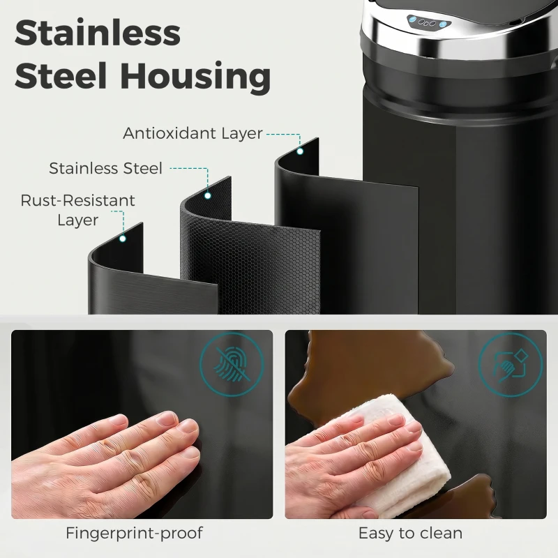 HOMCOM 42L Round Sensor Bin with Quiet Soft-Close Lid, Hands-Free Motion Sensor Touchless Kitchen Bin with Fingerprint Resistant for Hygienic Kitchen, Home Office Use, Black
