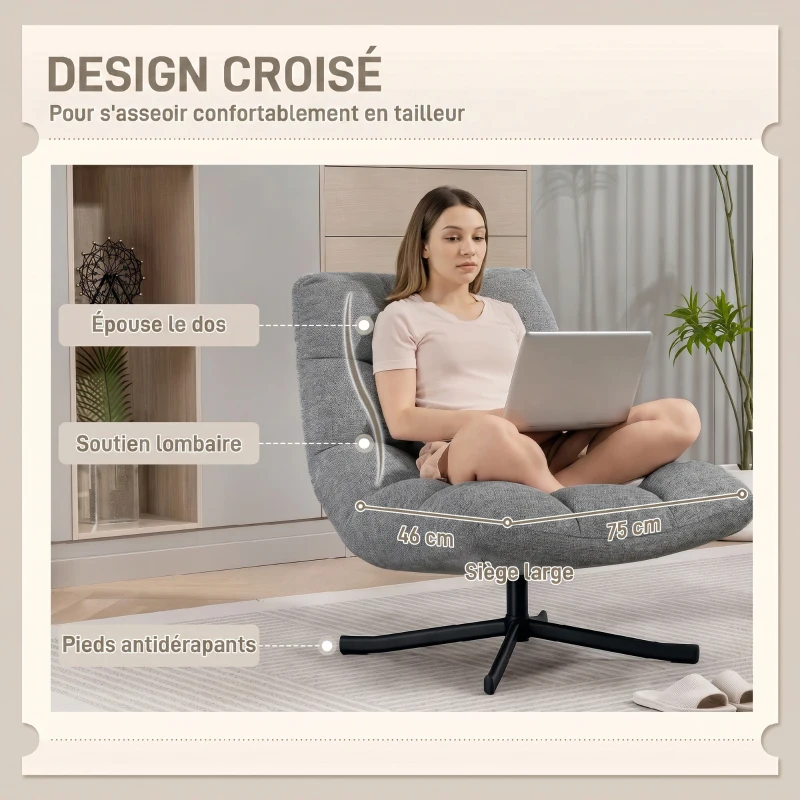 HOMCOM Fauteuil salon sans accoudoirs, chaise pivotante en tissu chenille, assise large, 75 x 95 x 90 cm, gris(m-4)