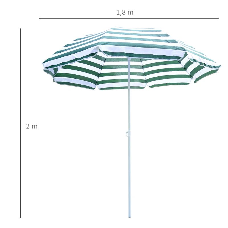 Outsunny Chapéu de Sol de Praia Ø180cm com Teto Inclinável e Mastro de Metal Proteção Solar para Jardim Terraço Exterior Listras Verdes e Branco