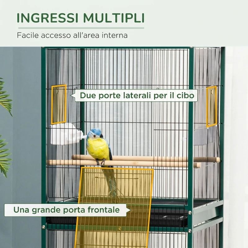 PawHut Gabbia Voliera per Uccelli per Interni con Ruote e Vassoi Estraibili, 51.5x50x140 cm, Verde Scuro