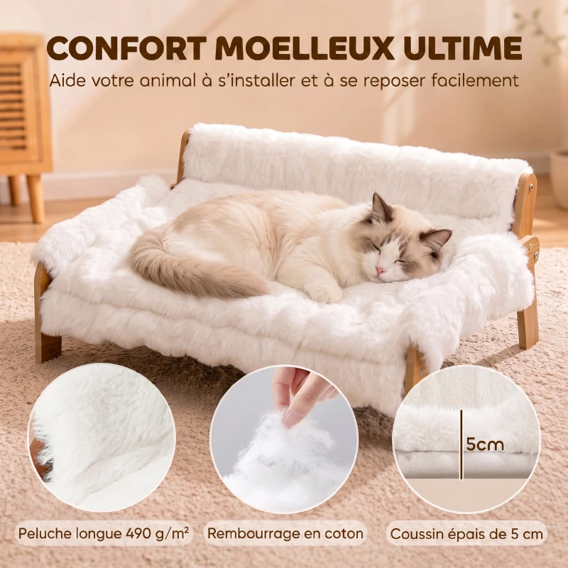 PawHut Canapé pour Chien Chat Lit Surélevé en Bois, Coussin Amovible en Peluche, Pieds Antidérapants, 70 x 47 x 30 cm, Blanc