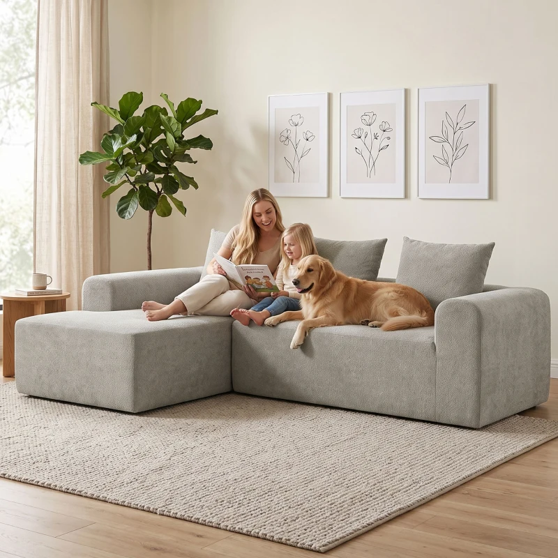 HOMCOM Ecksofa aus Chenille, 3‑Sitzer L‑Form 242 cm mit Ottomane, tiefe Sitzfläche, breite Armlehnen, Hellgrau