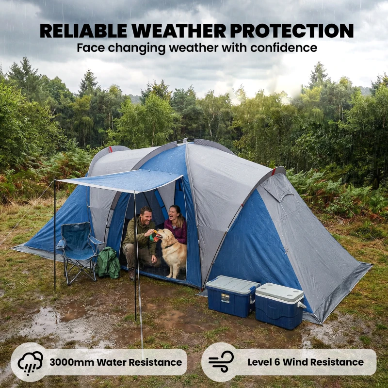 Outsunny Family Camping Tent 3000mm Waterproof Windproof Tunnel Tent 6 Person, Navy Blue & Light Grey