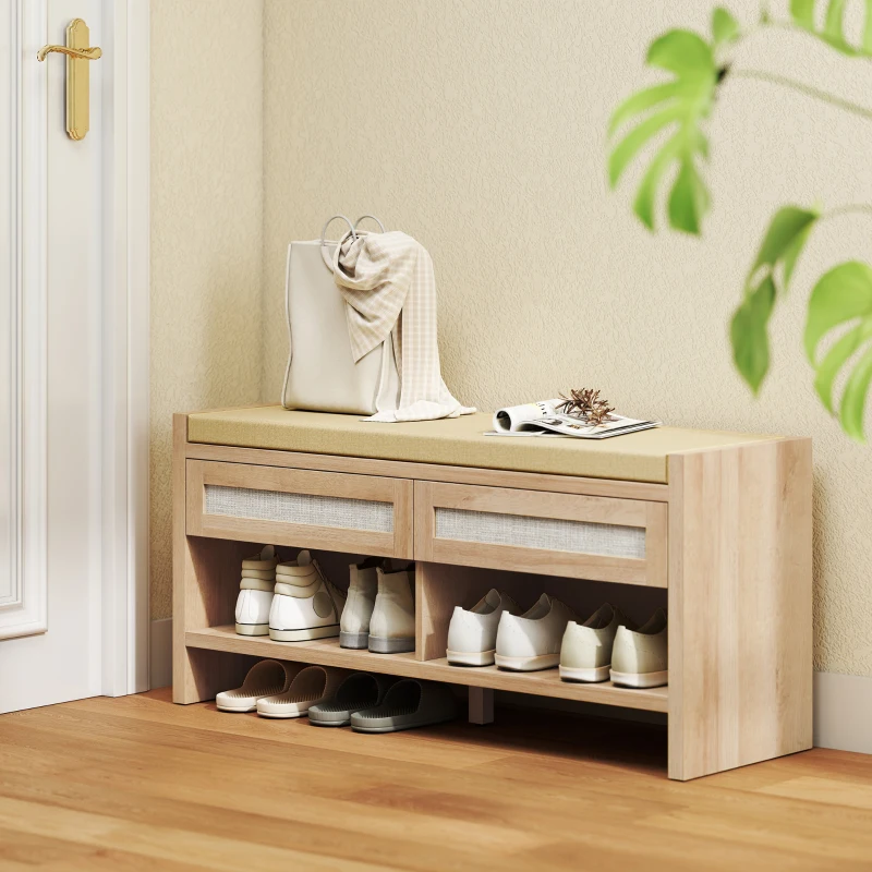 HOMCOM Boho Shoe Bench with 2 Rattan Drawers, Shoe Storage Bench with Cushioned Seat and Open Shelf Oak Wood Effect