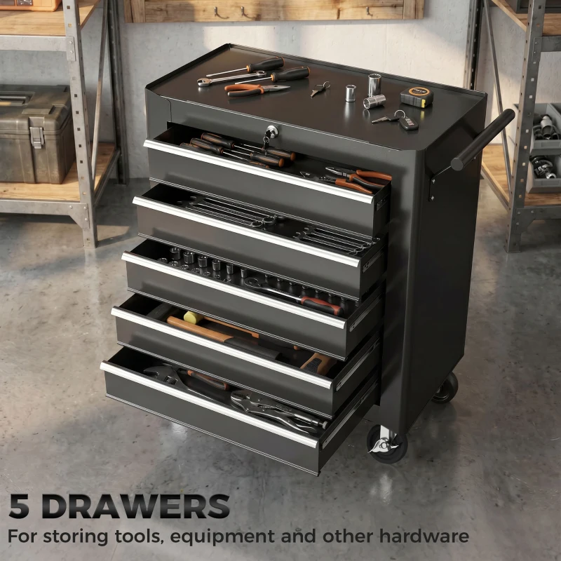 HOMCOM 5-Drawer Tool Chest with Wheels, Steel Lockable Tool Storage Cabinet with Handle, 2 Keys for Garage, Workshop, Black