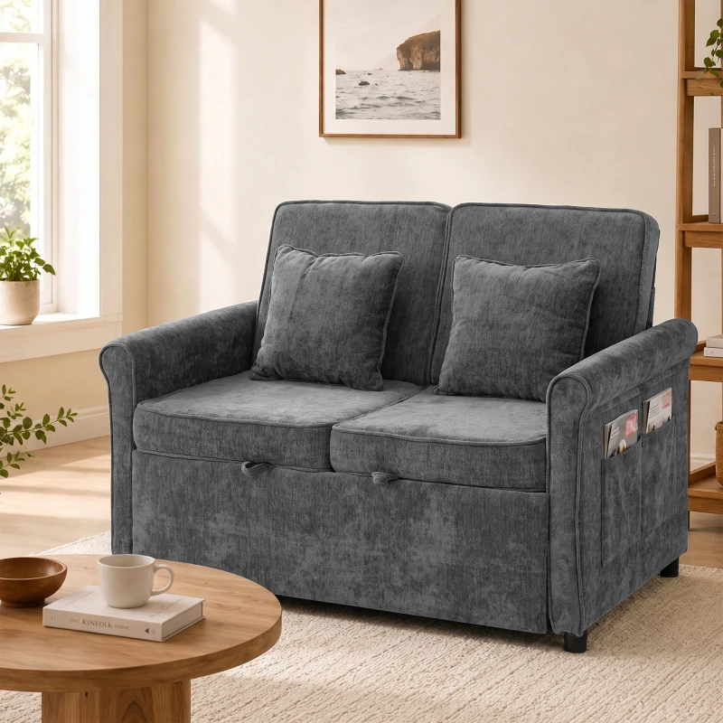 HOMCOM Sofá Cama 2 Plazas 3 en 1 con Respaldo Ajustable 5 Niveles Bolsillos Laterales 2 Almohadas para Sala de Estar Gris