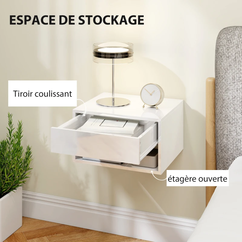 HOMCOM Lot de 2 tables de chevet murales, tables de nuit, tiroir, compartiment ouvert, plateau, 37 x 32 x 21 cm, blanc