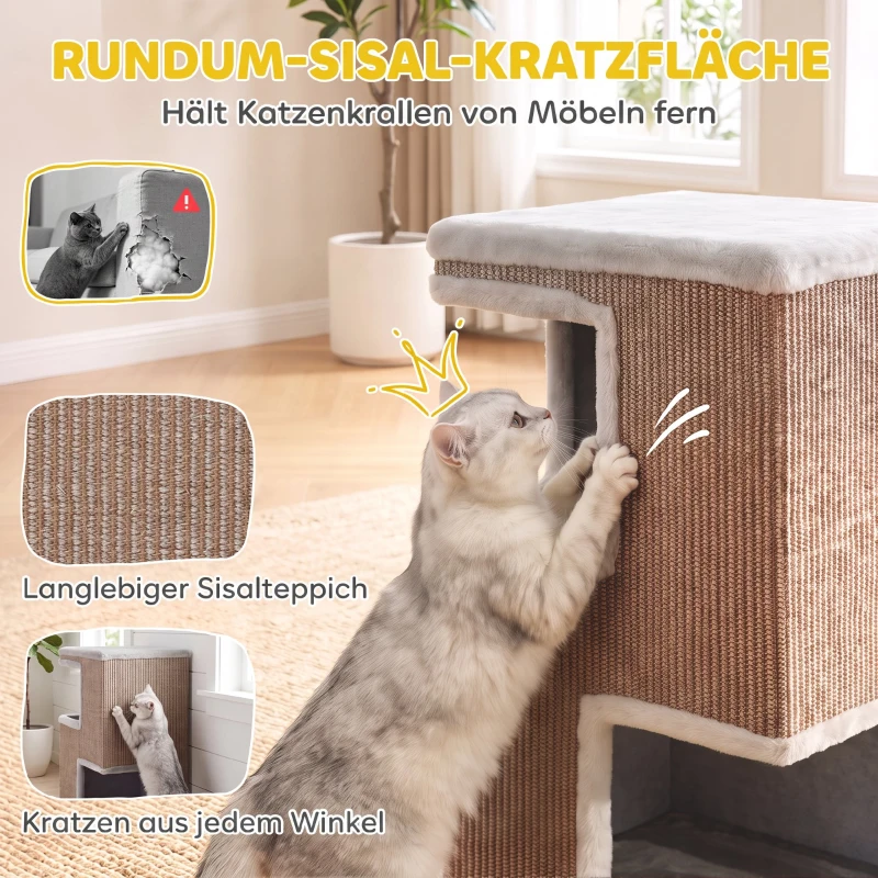 PawHut 3-poziomowa beczka dla kota do wnętrz, półzamknięty domek z powierzchniami do drapania dookoła, 2 kryjówki dla kotów