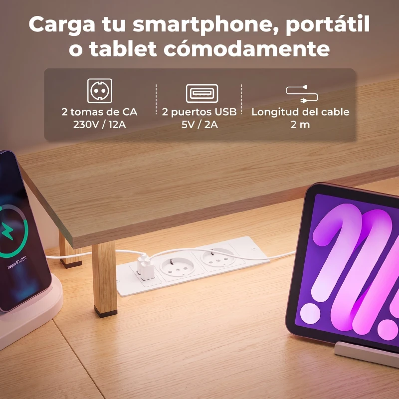 HOMCOM Mesa de Escritorio con Luces LED Cajones Tomas de Corriente Puertos USB y Soporte para Monitor 155,5x48x88,5 cm Blanco