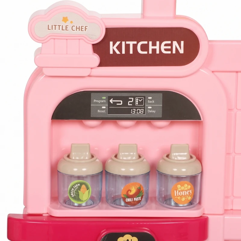AIYAPLAY Cuisine pour Enfants Interactive, 33 Accessoires, avec Sons, Lumières, Rangement, 3-6 Ans, 67x25x87cm, Rose