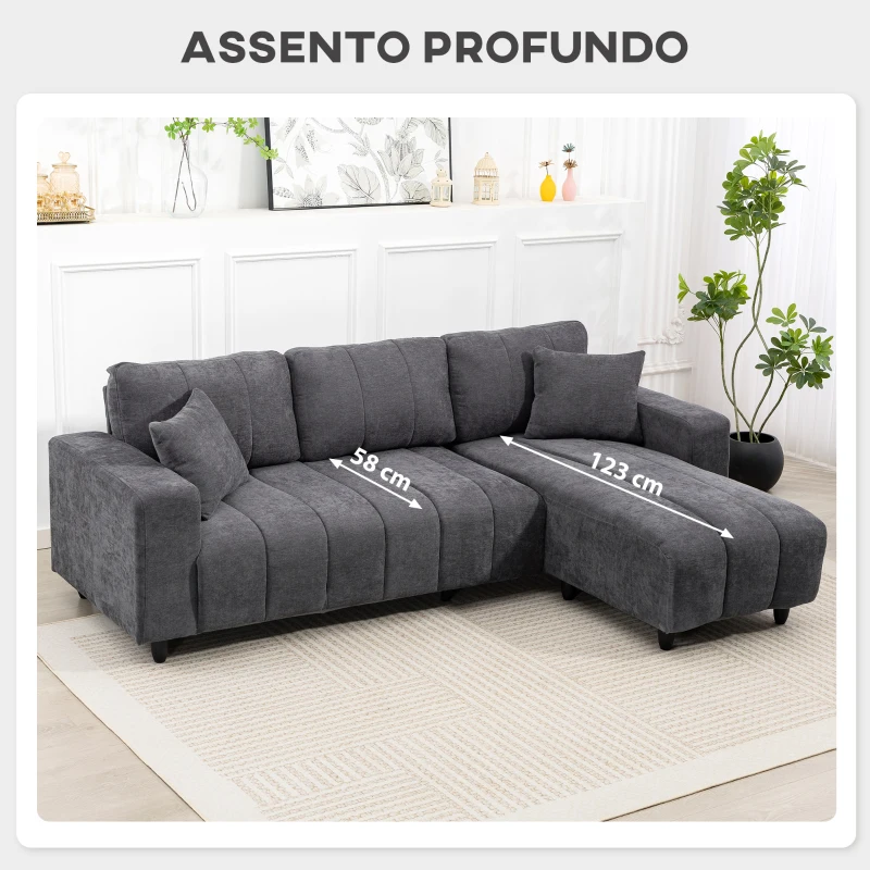 HOMCOM Sofá Chaise Longue Reversível 3 Lugares com 2 Almofadas Estofado em Linho e Estrutura em Aço 242x156x87 cm Cinzento Escuro