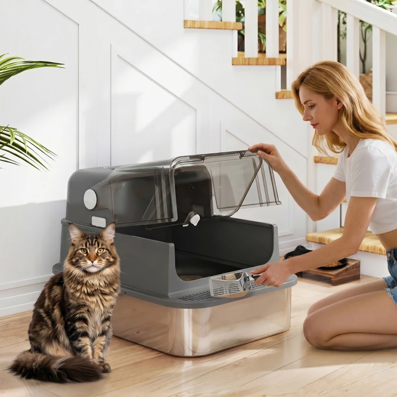 PawHut Katzenklo Edelstahl mit Deckel XXL 72L für große Katzen und Mehrere Katzen mit Doppeltüren Schaufel Pedal Anti-Leck
