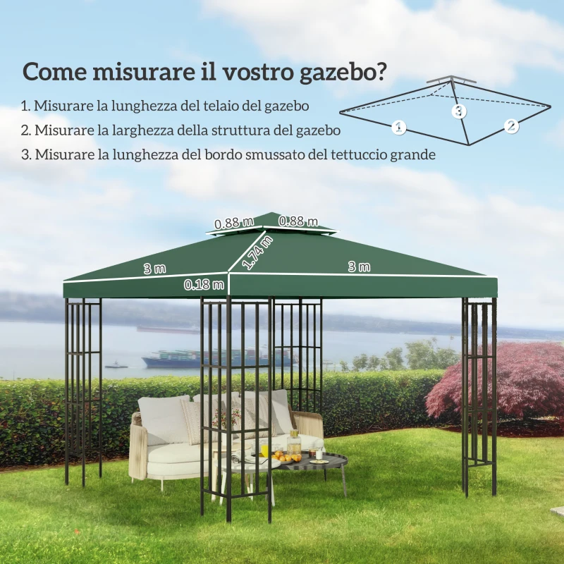 Outsunny Copertura Telo per Gazebo da Giardino 3x3 m, Tetto Anti-UV Impermeabile in Poliestere Verde Scuro