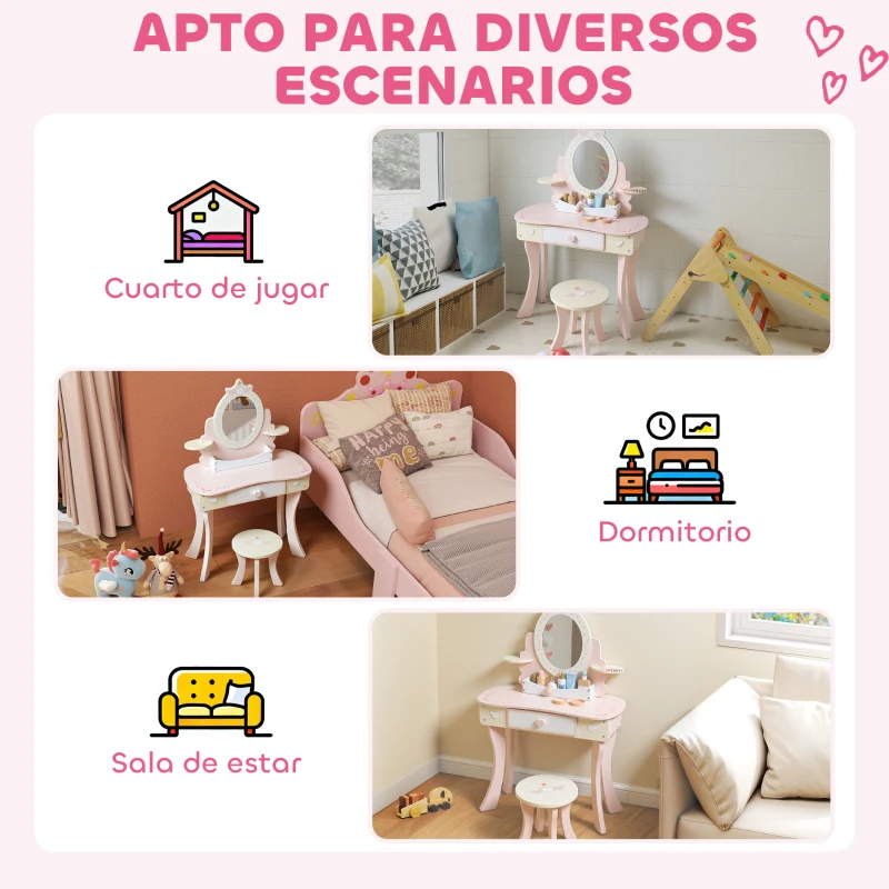 AIYAPLAY Tocador para Niñas 2 en 1 Escritorio con Taburete Espejo Cajón 7 Accesorios para Niños a Partir de 3 Años Rosa