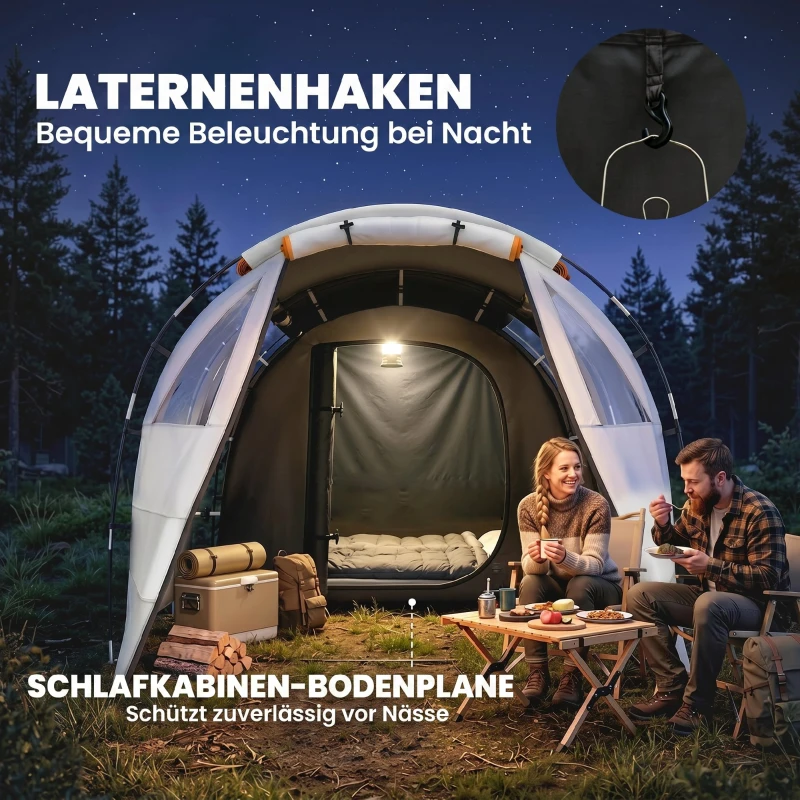 Outsunny Campingzelt für 3 Pers., abdunkelbare Fenster, wasserdicht, 180H x 460L x 230B cm, Khaki/Orange