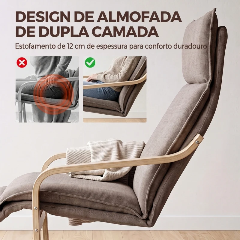 HOMCOM Cadeirão para Sala em Tecido Aspeto Linho com Apoio para os Pés, Baloiço Suave, Encosto Alto e Assento Largo, Castanho Claro
